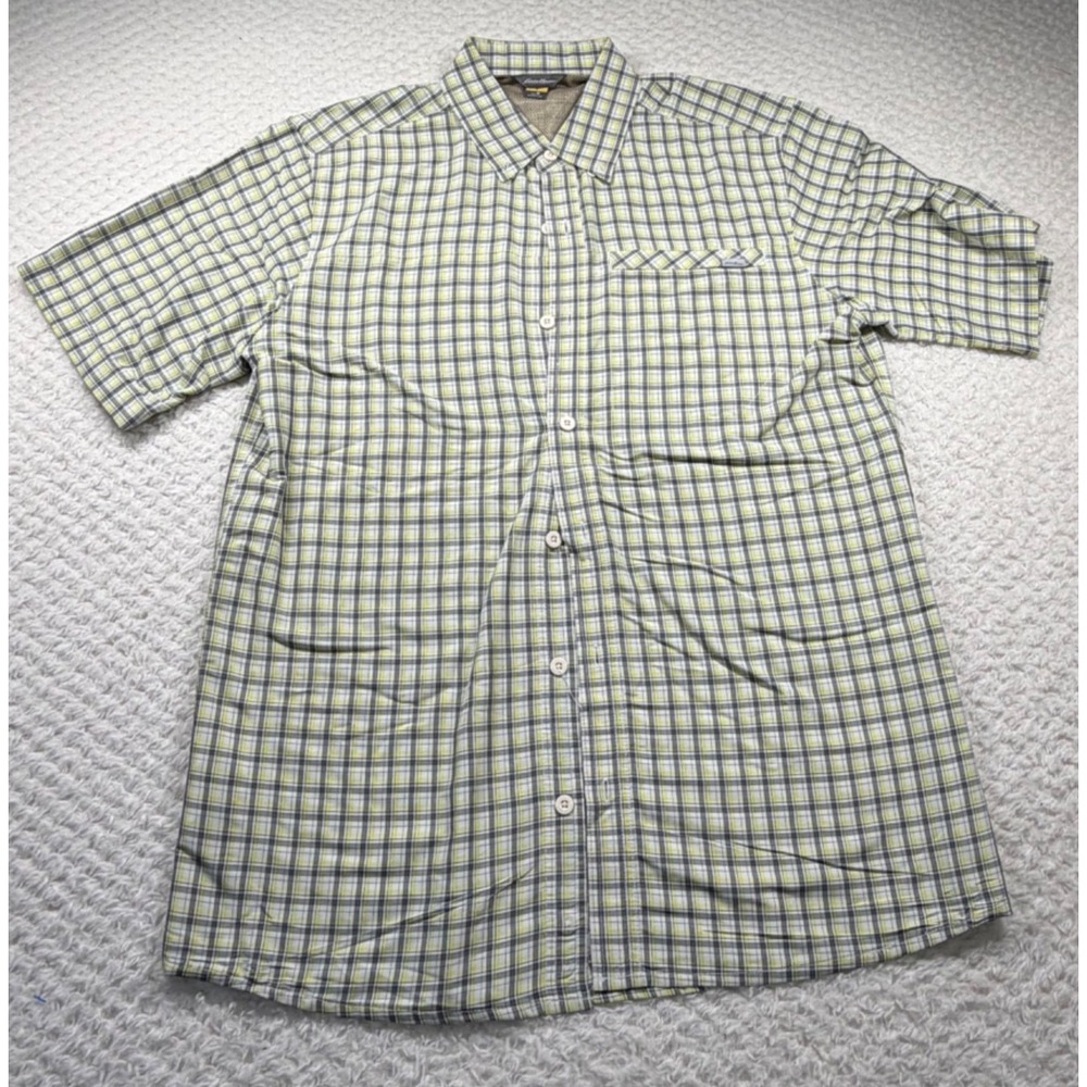 Eddie Bauer Mens Shirt M Gray Yellow White Plaid SS Button Adventure Hiking